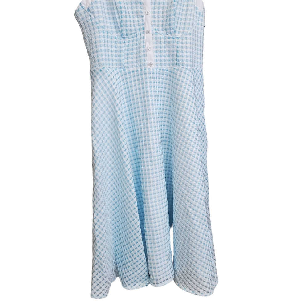 Unique Vintage Light Blue Gingham Midi Dress - Picture 5 of 7